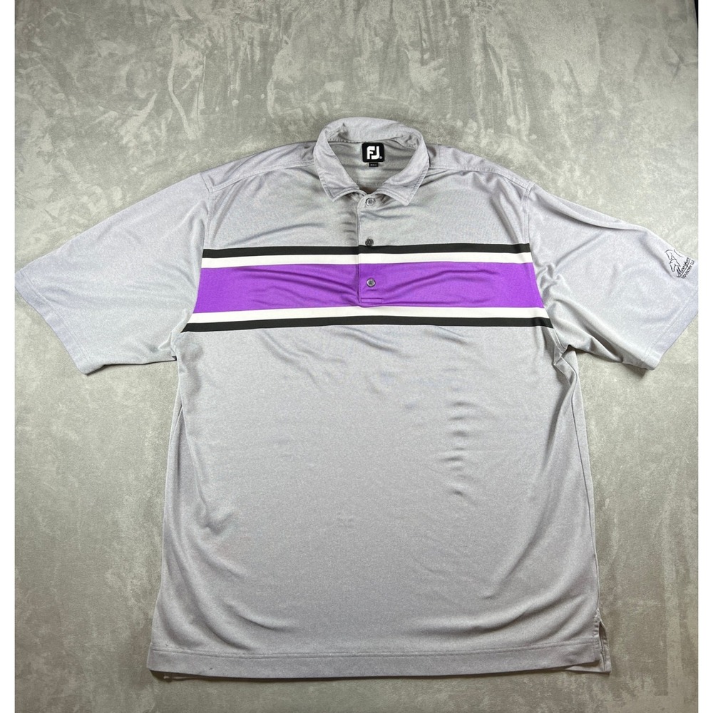 FootJoy Mens XXL Golf Polo Shirt Gray Purple Stripe Moorpark Country Club Logo